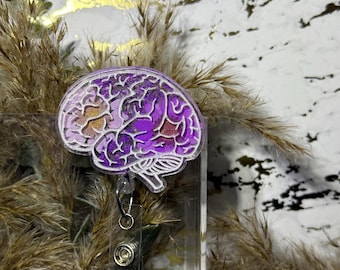 Pressed Floral Brain Badge Reel: Retractable Belt Clip