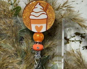Coffee Badge Reel | Pumpkin Spice Beaded Swivel Alligator Clip