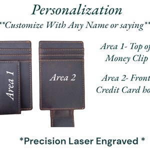 May include: A brown leather wallet with a money clip and a credit card holder. The wallet has two areas for personalization, labeled "Area 1" and "Area 2". The text "Customize With Any Name or Saying" and "Precision Laser Engraved" is also visible.