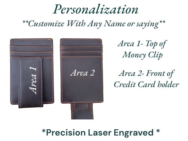 May include: A brown leather wallet with a money clip and a credit card holder. The wallet has two areas for personalization, labeled "Area 1" and "Area 2". The text "Customize With Any Name or Saying" and "Precision Laser Engraved" is also visible.