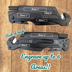 May include: Black folding knife with a silver blade and a black handle. The knife has six areas where text can be engraved. The text "Area 1", "Area 2", "Area 3", "Area 4", "Area 5", and "Area 6" is visible on the knife. The text "Back of knife" is written in white on a black background. The text "Engrave up to 6 Areas!!" is written in green on a white background.