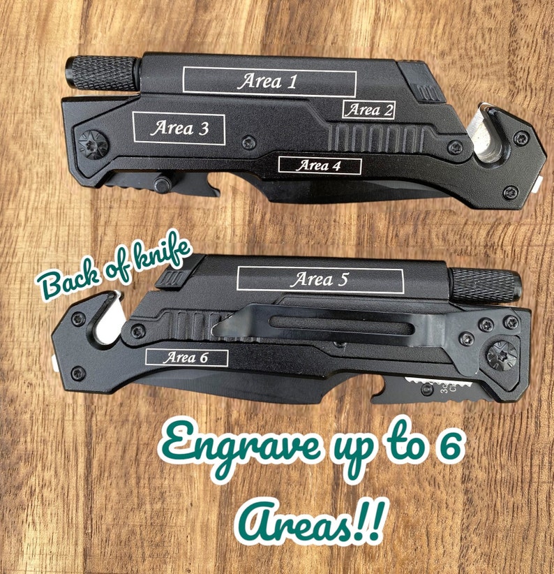 May include: Black folding knife with a silver blade and a black handle. The knife has six areas where text can be engraved. The text "Area 1", "Area 2", "Area 3", "Area 4", "Area 5", and "Area 6" is visible on the knife. The text "Back of knife" is written in white on a black background. The text "Engrave up to 6 Areas!!" is written in green on a white background.