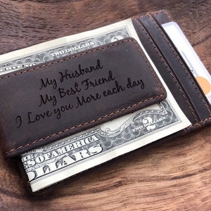 Mens Leather Money Clip-Unique Gifts for Men Personalized Christmas Gift from Wife Wallet with ID Window Husband Gift Custom Money Clip image 1