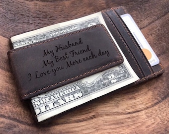 Mens Leather Money Clip-Unique Gifts for Men- Personalized Christmas Gift from Wife  Wallet with ID Window -Husband Gift -Custom Money Clip