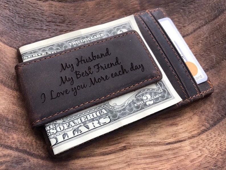 Mens Leather Money Clip-Unique Gifts for Men Personalized Christmas Gift from Wife Wallet with ID Window Husband Gift Custom Money Clip image 1