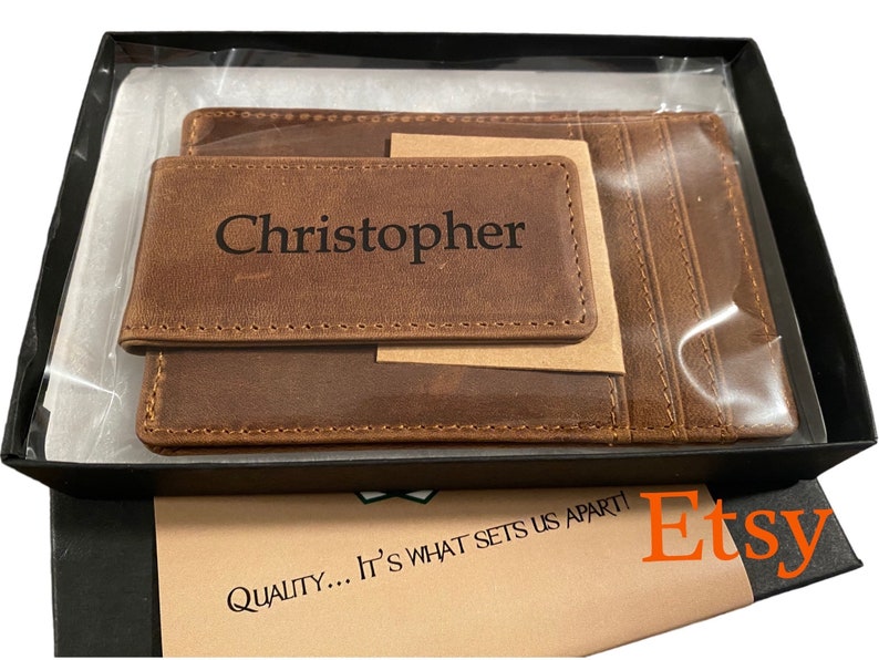 Mens Leather Money Clip-Unique Gifts for Men Personalized Christmas Gift from Wife Wallet with ID Window Husband Gift Custom Money Clip image 7