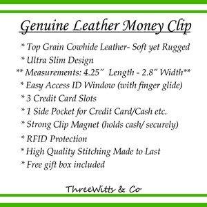 May include: A black leather money clip with a magnetic closure. It features a credit card slot, an ID window, and a side pocket. The clip measures 4.25 inches in length and 2.8 inches in width. The text "Genuine Leather Money Clip" and "ThreeWitts & Co" are visible on the image.