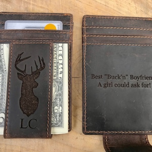 Gifts for Men- Deer Hunter Gifts Husband Gift- Gifts from Daughter to Dad- Mens Birthday Gift- Personalized Leather Money Clip Wallet- Slim