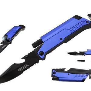 May include: A blue and black multi-tool knife with a serrated blade, bottle opener, and a safety glass breaker. The knife has a built-in flashlight and a fire starter.
