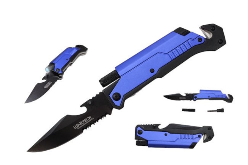 May include: A blue and black multi-tool knife with a serrated blade, bottle opener, and a safety glass breaker. The knife has a built-in flashlight and a fire starter.