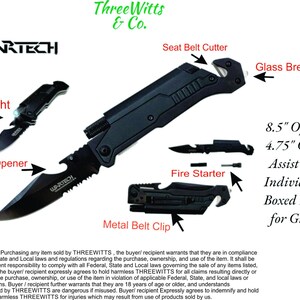 May include: A black multi-tool knife with a variety of features, including a seat belt cutter, glass breaker, bottle opener, flashlight, and fire starter. The knife is 8.5 inches long when opened and 4.75 inches long when closed. It comes individually boxed and ready for gifting.
