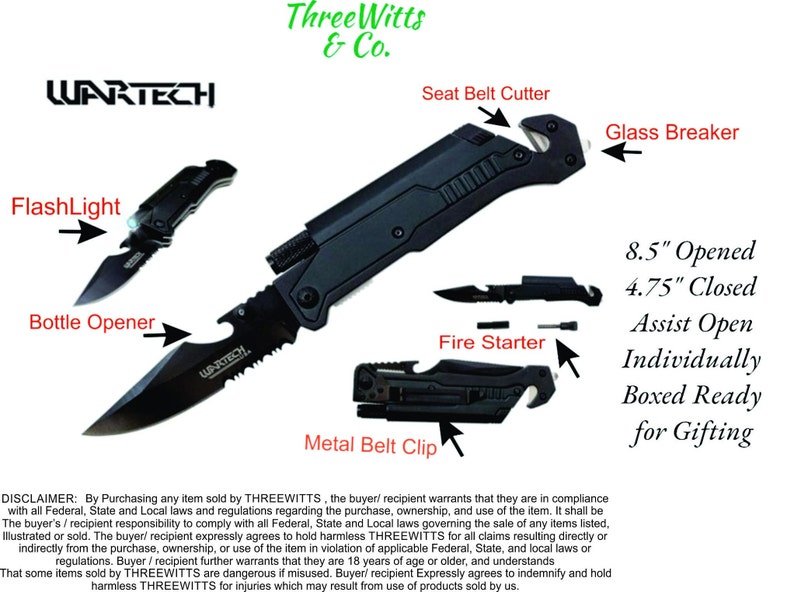 May include: A black multi-tool knife with a variety of features, including a seat belt cutter, glass breaker, bottle opener, flashlight, and fire starter. The knife is 8.5 inches long when opened and 4.75 inches long when closed. It comes individually boxed and ready for gifting.