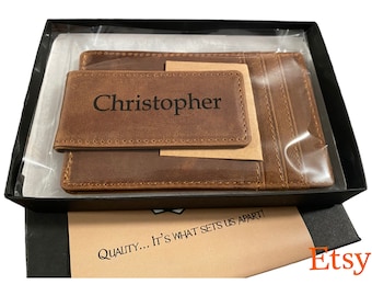 Custom Leather Cash Clip - Perfect Christmas Gift for Him - Personalized Wallet - Slim Billfold - Custom Engraved - Minimalist Leather
