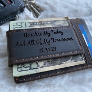 Mens Leather Money Clip-Unique Gifts for Men Personalized Christmas Gift from Wife Wallet with ID Window Husband Gift Custom Money Clip image 6