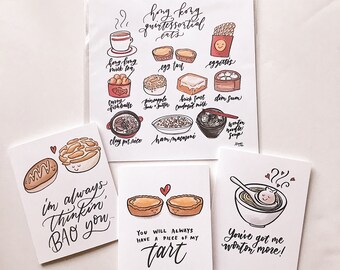 LIMITED STOCK: "Hong Kong Quintessential Eats" Bundle | Asian Food Art Print and Card Bundle | Hand Lettering and Illustration