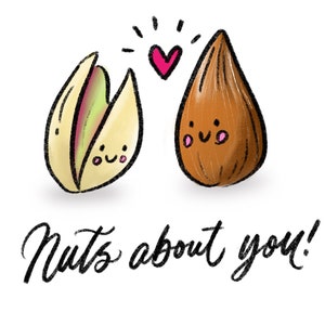 NUTS About You Food Pun Card Valentines & Love Card Hand Lettering, Calligraphy, Cute Illustration image 2