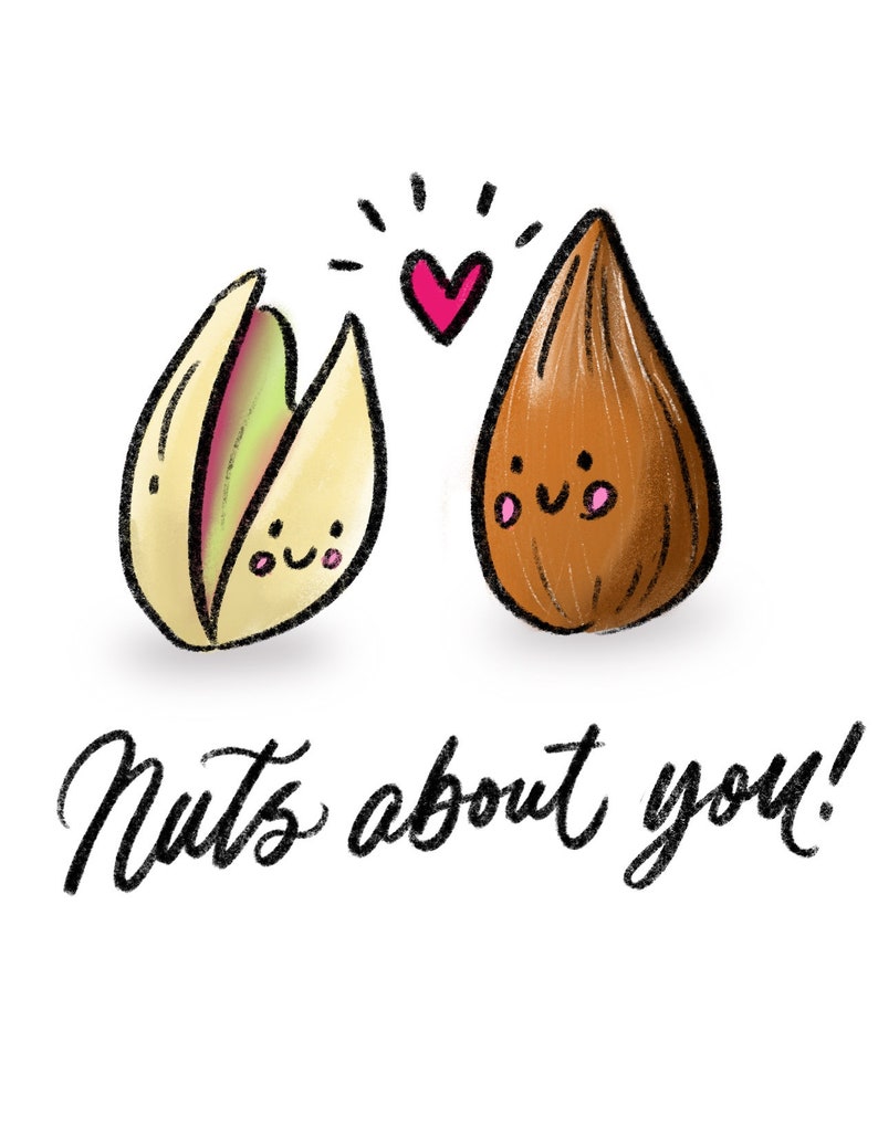 NUTS About You Food Pun Card Valentines & Love Card Hand Lettering, Calligraphy, Cute Illustration image 2