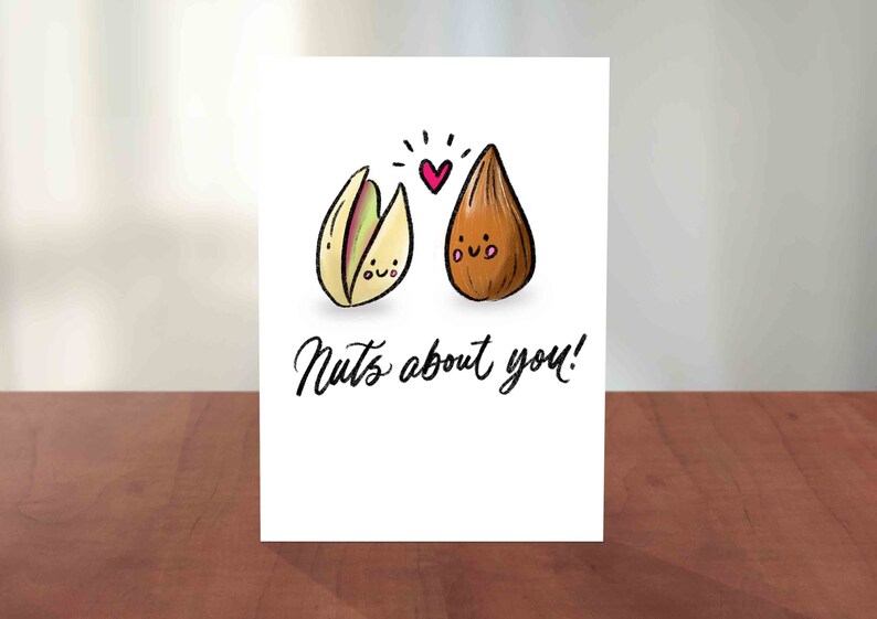 NUTS About You Food Pun Card Valentines & Love Card Hand Lettering, Calligraphy, Cute Illustration image 1