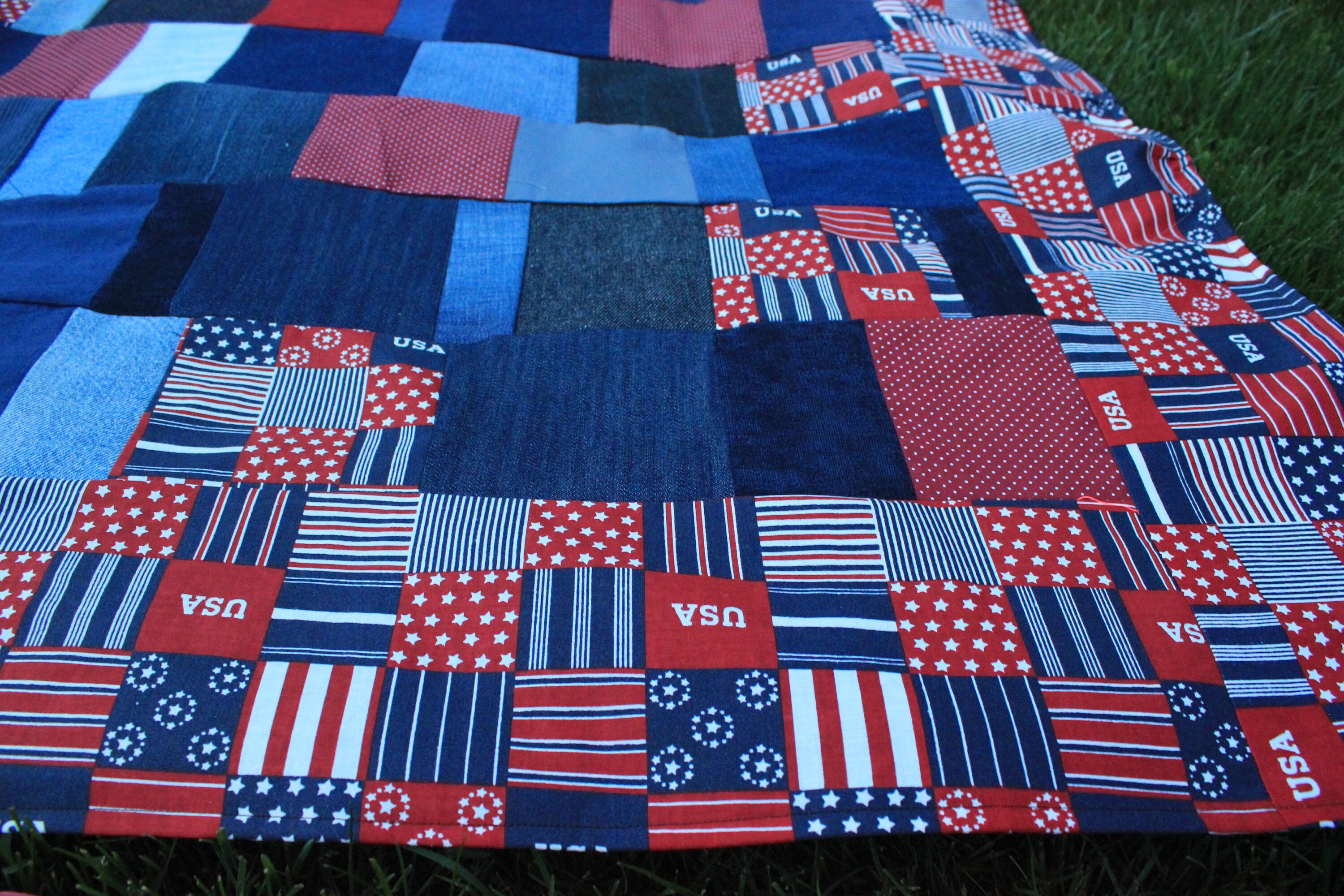 Upcycled Denim Picnic Blanket blue red USA Etsy