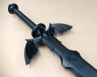 May include: A black plastic sword with a triangular design on the blade and a winged hilt. The sword is a replica of a popular video game weapon.