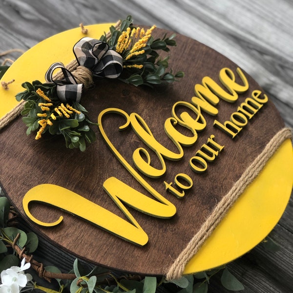3D Welcome to our home sign, welcome home door hanger, housewarming gift, wedding gift, fall welcome sign, yellow welcome sign