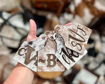Personalized cowhide backpack tag, keychain, backpack charm, cowhide zipper charm, western keychain, back to school, western tag