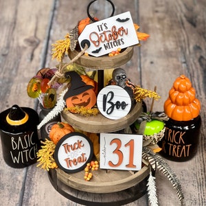 3D Halloween tier tray set, witch tier tray set, Halloween mini signs, spooky decor
