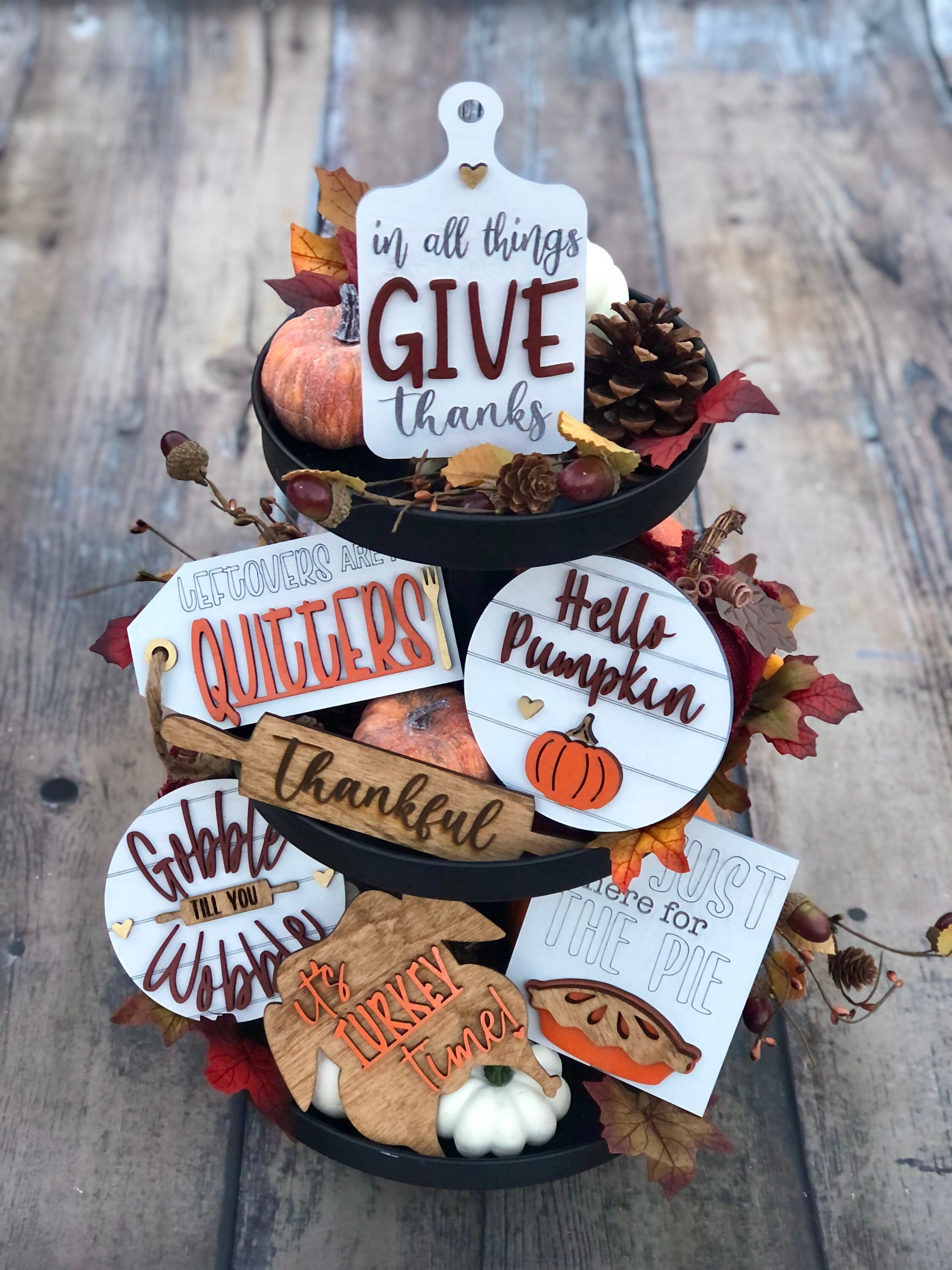 2-Piece Wooden Turkey Table Signs – Rustic Fall Thanksgiving Decor, Farmhouse Tiered Tray Centerpiece Blocks - View #2