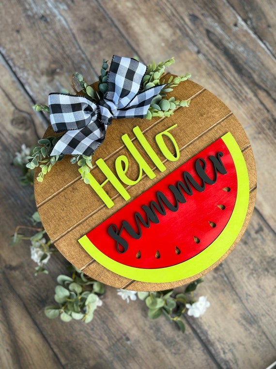 Hello Summer Door Hanger: Watermelon Wood Sign, Summer Porch Decor
