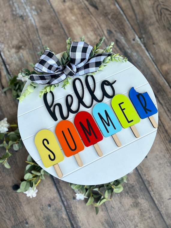 Hello Summer Door Hanger: 3D Popsicle Sign, Birchwood Decor