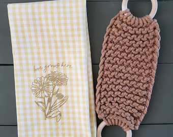 Mother's Day Gift Bundle: Handmade Chunky Knit Towel Holder and Kitchen Tea Towel