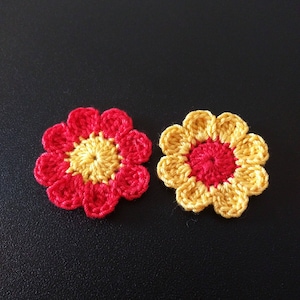 Crochet flower appliques Red,Yellow ,set of 20 flowers,size 3 cm, crochet 8 petals flower applique,Scrapbooking