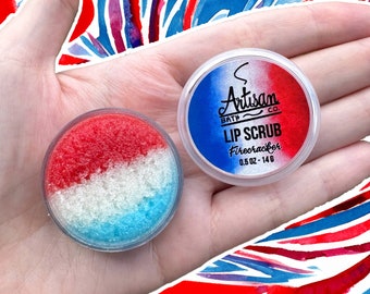 exfoliant pour les lèvres Firecracker | 4 juillet | Jour du Souvenir | Sucre | Exfoliation hydratante des lèvres |Aromatisée | Baume à lèvres exfoliant 2 en 1