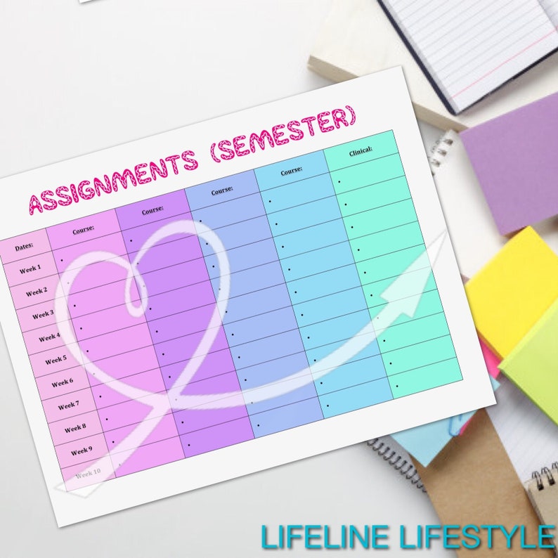 May include: A printable assignment planner with a pastel color scheme. The planner is divided into columns for dates, courses, and clinical assignments. The planner is designed for a semester and includes 10 weeks.