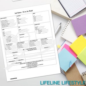 Peut inclure: Une feuille de travail imprimable avec un fond blanc et du texte noir. La feuille de travail est intitulée "Valeurs de laboratoire - Remplissez les blancs" et est divisée en sections pour les électrolytes, le cardiaque, l'ABG, l'endocrine, la nutrition et les signes vitaux. La feuille de travail est conçue pour aider les professionnels de la santé à suivre et à surveiller les valeurs de laboratoire des patients.