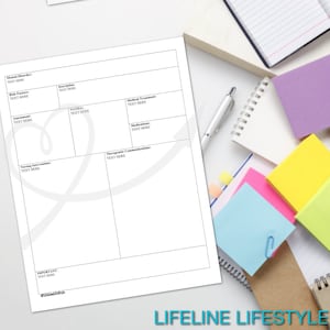 Puede incluir: Una hoja de trabajo imprimible con un diseño de corazón blanco y encabezados para trastorno mental, factores de riesgo, evaluación, intervenciones de enfermería, NANDA, tratamiento médico, medicamentos y comunicaciones terapéuticas. La hoja de trabajo se titula "Lifeline Lifestyle".