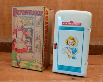 NIB Vintage Tin Toy Refrigerator - Lithograph Printed Dead Stock - Doll's Kitchen - Gifts for Collectors - Miniature Appliances