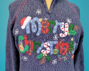 Merry Christmas! Holiday Novelty Sweater by Heirloom Collectibles - Womens - Blue
