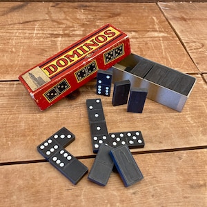Vintage 610-W Hal-Sam Wooden &quot;Dominos&quot; with Woolwoorth Building Design in Original Box - Complete Set of Dominoes