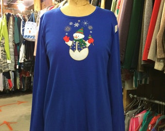 Royal Blue Long-Sleeved T-Shirt with Beaded, Applique Snowman and Embroidered Snowflakes by Laura Scott - Never Worn - Includes Extra Beads