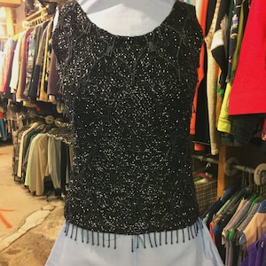Vintage Beaded Shell Top, Black Sequins, Wool Fringe, Hong Kong