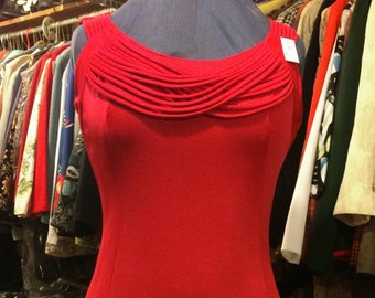 Vintage 1960s Sleeveless Red Dress - Ponte Knit Jersey - Little Red Dress