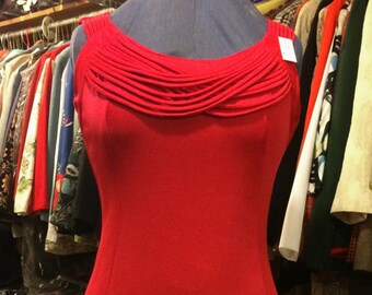 Vintage 1960s Sleeveless Red Dress - Ponte Knit Jersey - Little Red Dress