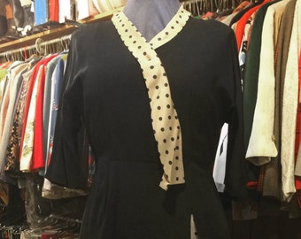 Vintage 1950s Black Dress w/Polka Dot Silk Detachable Scarf