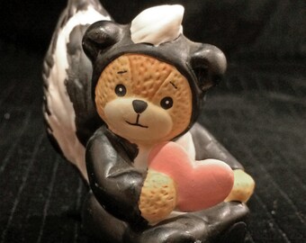 Vintage 1991 Lucy and Me Teddy Bear in Skunk Costume Holding Heart Porcelain Figurine by Enesco