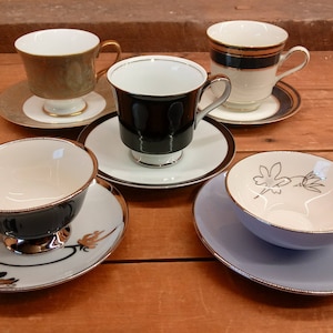 Mismatched Tea Cups and Saucers, 5 China/Porcelain Perfect for Mad Hatter Tea Party, Rustic Wedding, Bridal or Baby Shower, Mothers Day