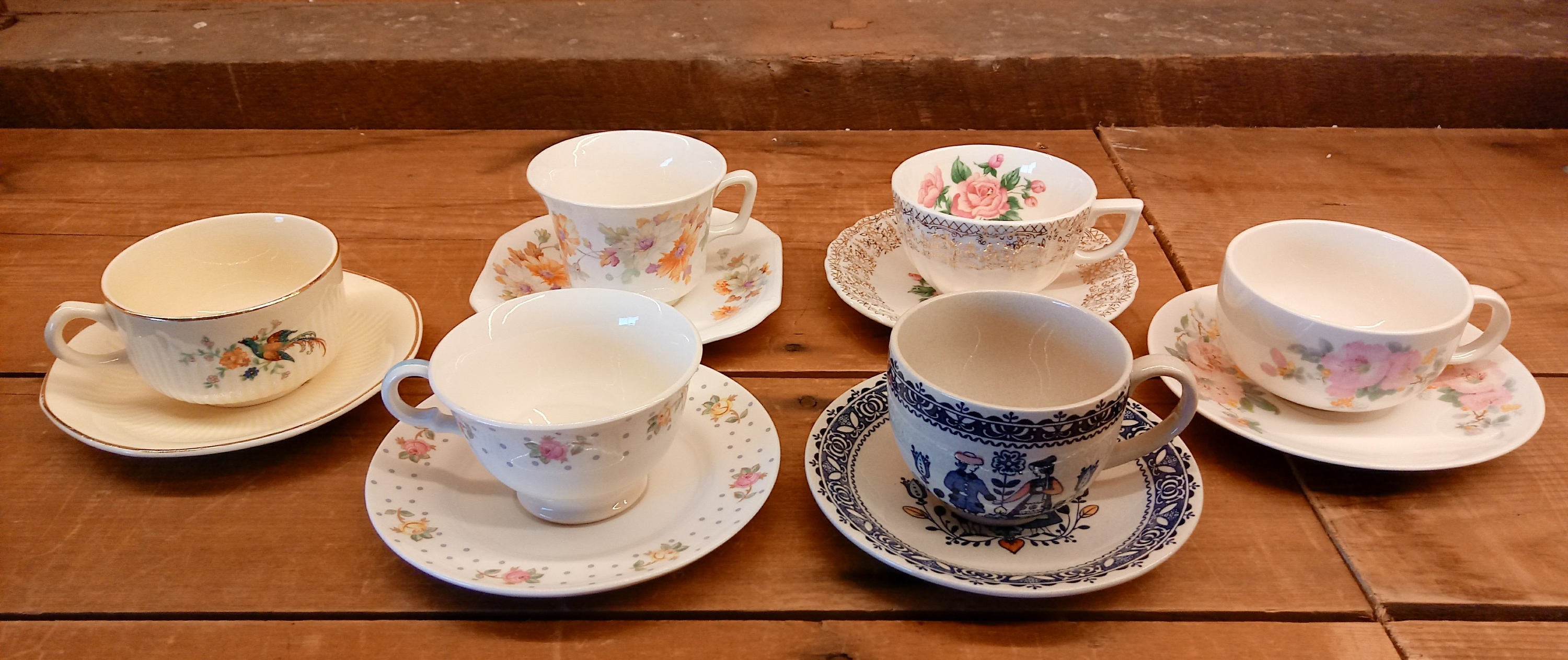 6 Odd Tea Cups and Saucers, Mad Hatter, Pottery, Vintage Wedding, Tea