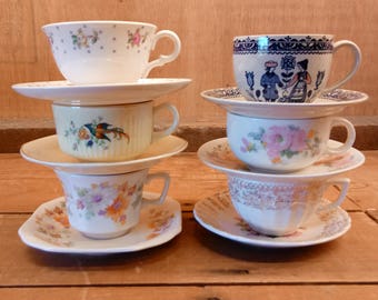 6 Odd Tea Cups and Saucers, Mad Hatter, Pottery, Vintage Wedding, Tea Party, Gifts for Her, Gifts for Mom, Gifts for Him, High Tea