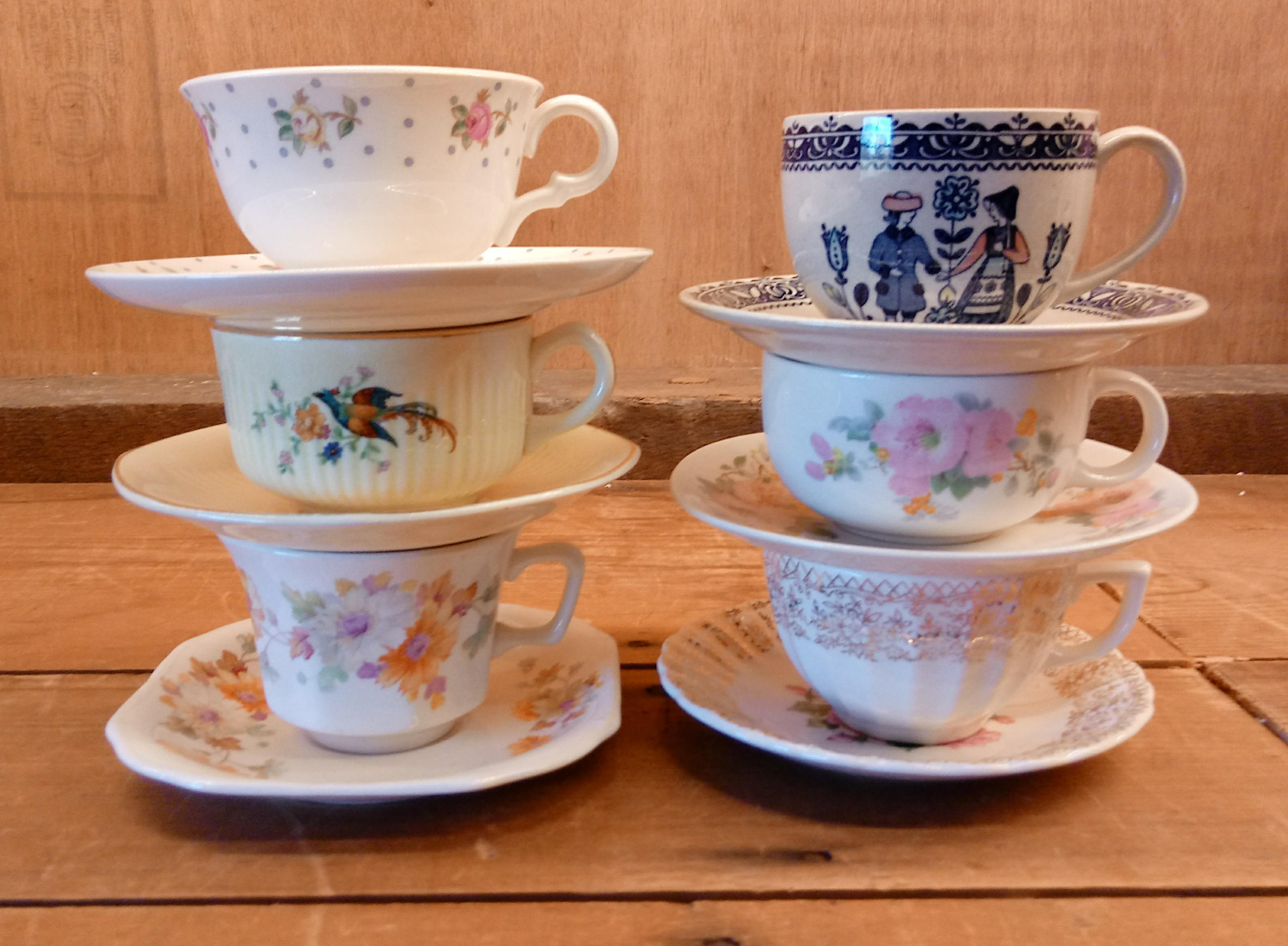 6 Odd Tea Cups and Saucers, Mad Hatter, Pottery, Vintage Wedding, Tea