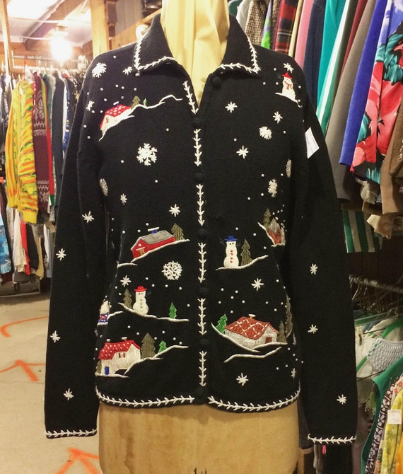 Embroidered Winter Themed Holiday Village Cardigan